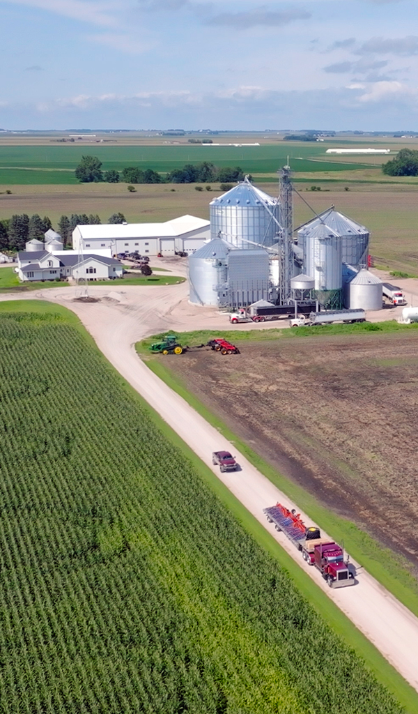 Aerial view of Grain Millers organic grain facility and Midwest farmland.