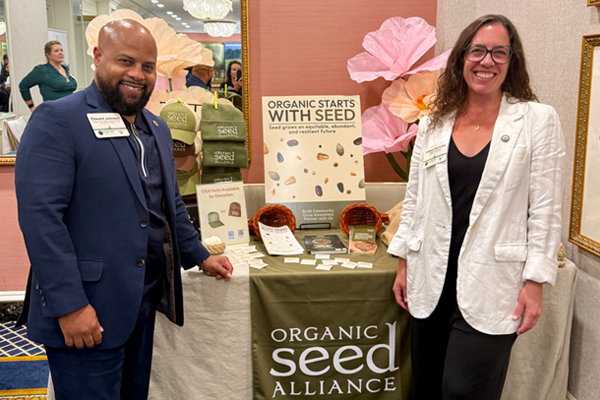 From left, Edward Johnson, chief marketing officer at Oregon Tilth, and Cathleen McCluskey, executive director of Organic Seed Alliance, connect during Organic Week 2026 in Washington, D.C., where conversations highlighted education, resources and partnerships that support organic producers.